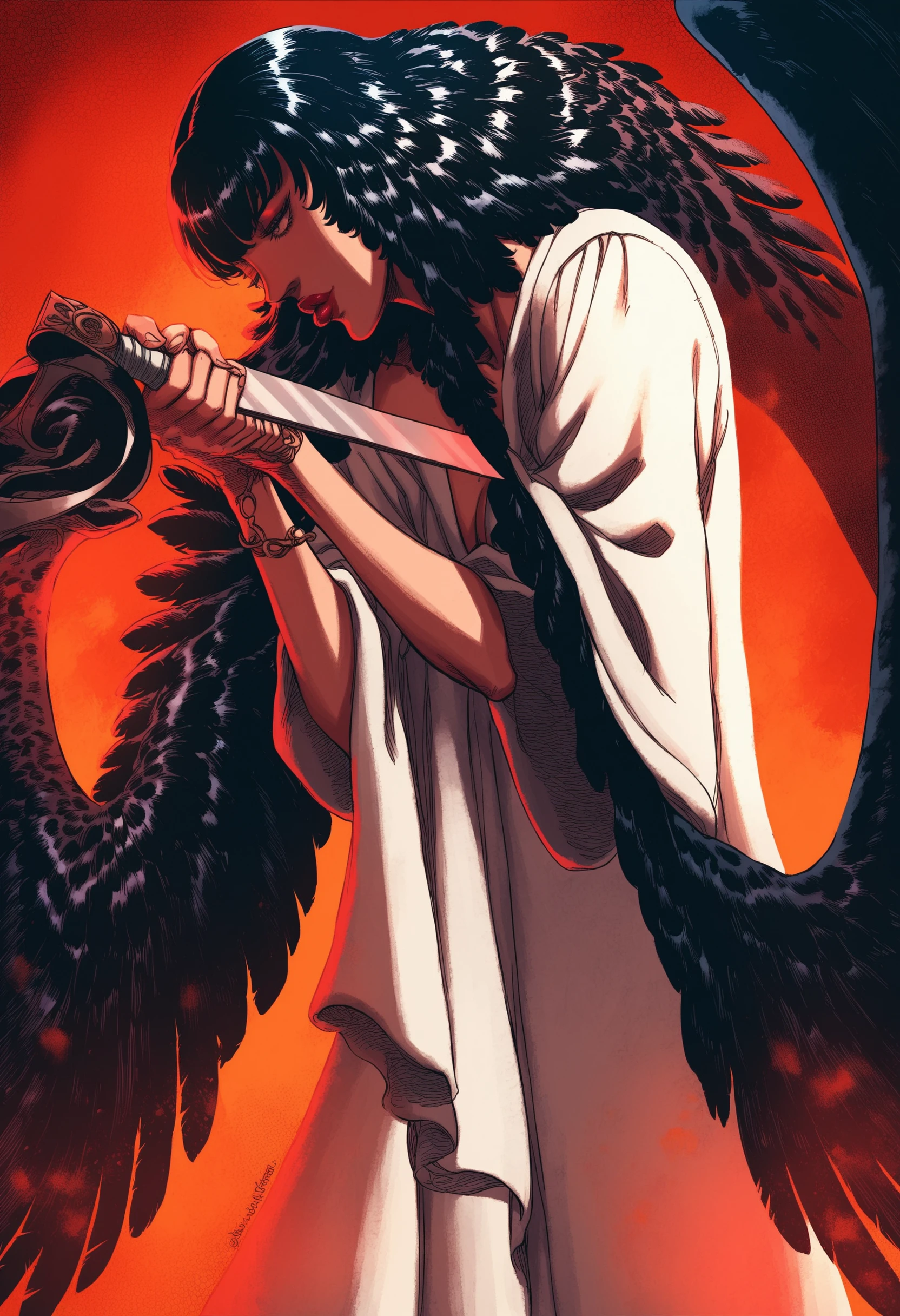 score_9, score_8_up, score_7_up, monster girl, standing, bird man, black feathers, black scales, 1boy,, highly detailed, glossy lips, feathered wings, red theme, white robe, holding a giant sword <lora:Berserkfun:1> b3rs3rkstyle