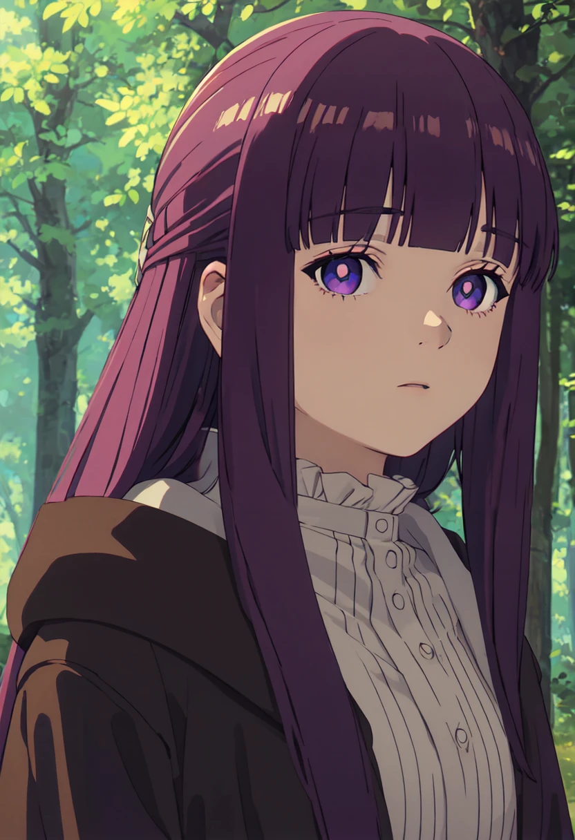 best quality, masterpiece, highres, solo, (fern_sousounofrieren:1.10), 1girl, closed mouth, forest, outdoors, tree, expressionless, looking at viewer, frilled collar, dress, upper body, portrait, anime_style, 6 <lora:fern_sousounofrieren:0.80>