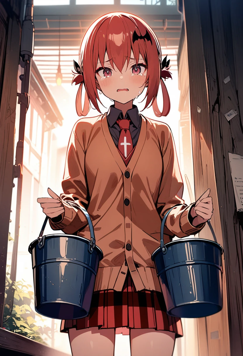 1girl, satanichia kurumizawa mcdowell, gabriel dropout, masterpiece, best quality, solo, standing, detailed eyes, crying, cardigan, holding two buckets, absurdres, extremely detailed, rating: safe, perfect features, makeup, looking at viewer, eyeliner, intricate details, ultra resolution image <lora:satania-xl-000005:0.9>