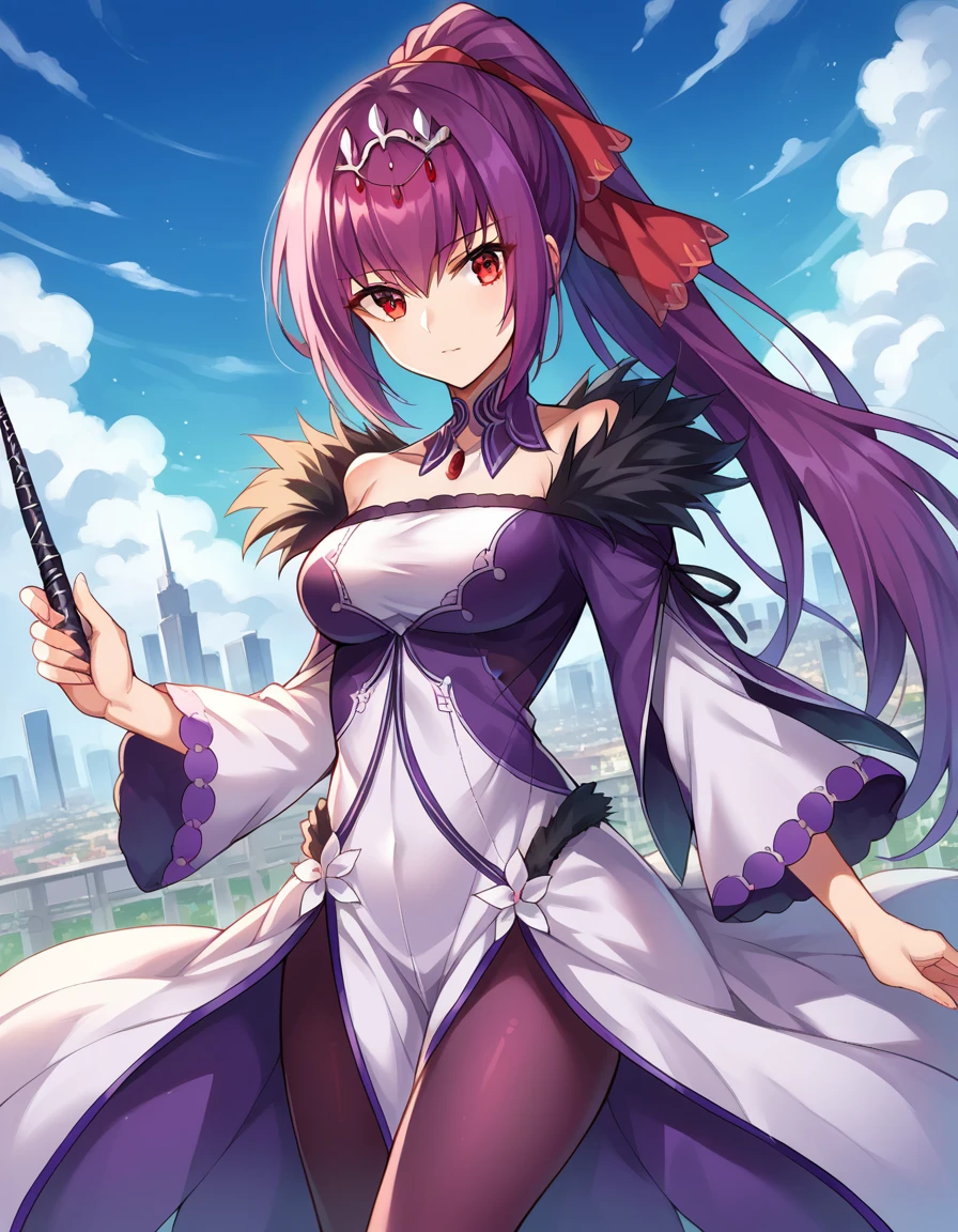 score_9, score_8_up, score_7_up, source_anime,
skadicaster, <lora:skadi-caster-ponyxl-lora-nochekaiser:1>
skadi, long hair, purple hair, red eyes,
ponytail, hair ribbon, ribbon, dress, fur trim, jewelry, pantyhose, white dress, red eyes, silver trim, tiara, wand,
outdoors, cityscape,
looking at viewer, dutch angle, cowboy shot,