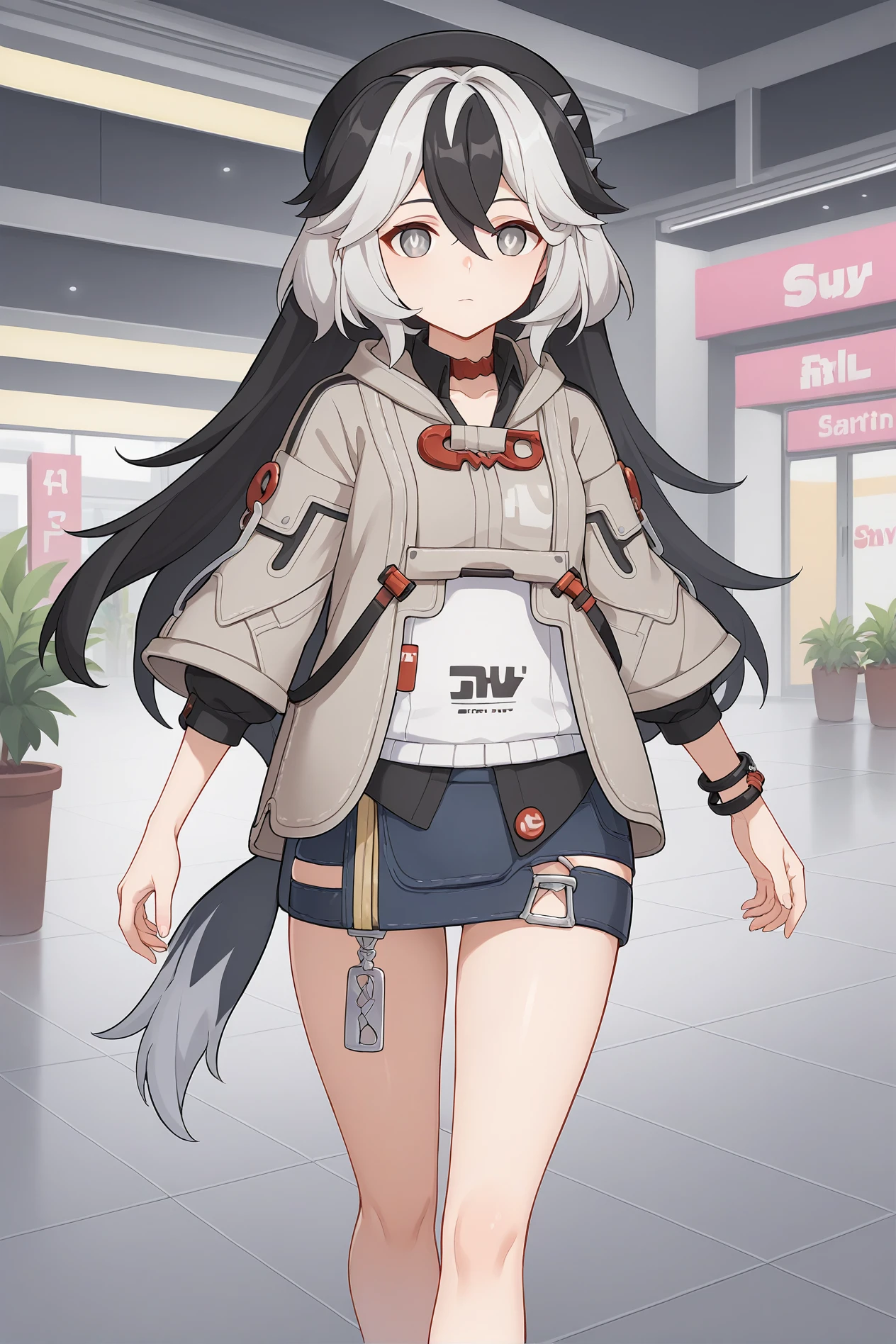 score_9, score_8_up, score_7_up ,score_6_up, 1girl, (petite, small breasts, closed mouth:1.3), solo, hi3 coralie, <lora:CoralieXL_V1-06:0.8>, (jacket, miniskirt, denim skirt, sneaker, beret:1.3), (grey eyes, two tone hair, white hair, black hair, long hair, bright pupils:1.4), (cowboy shot, walking:1.2), night, indoors, mall