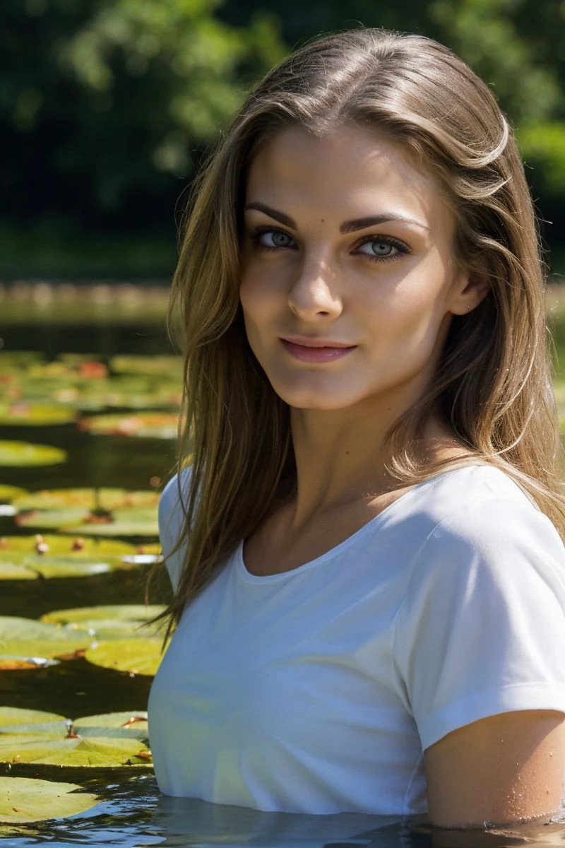 portrait of S361_CayenneKlein,a beautiful woman,in a (pond:1.1),wearing a (white-tshirt:1.1),(wet-hair),(4k, RAW photo, best quality, 35mm, depth of field, ultra high res:1.1),(absurdres, intricate, photorealistic, cinematic-shot, masterpiece, ultra-detailed:1.1),