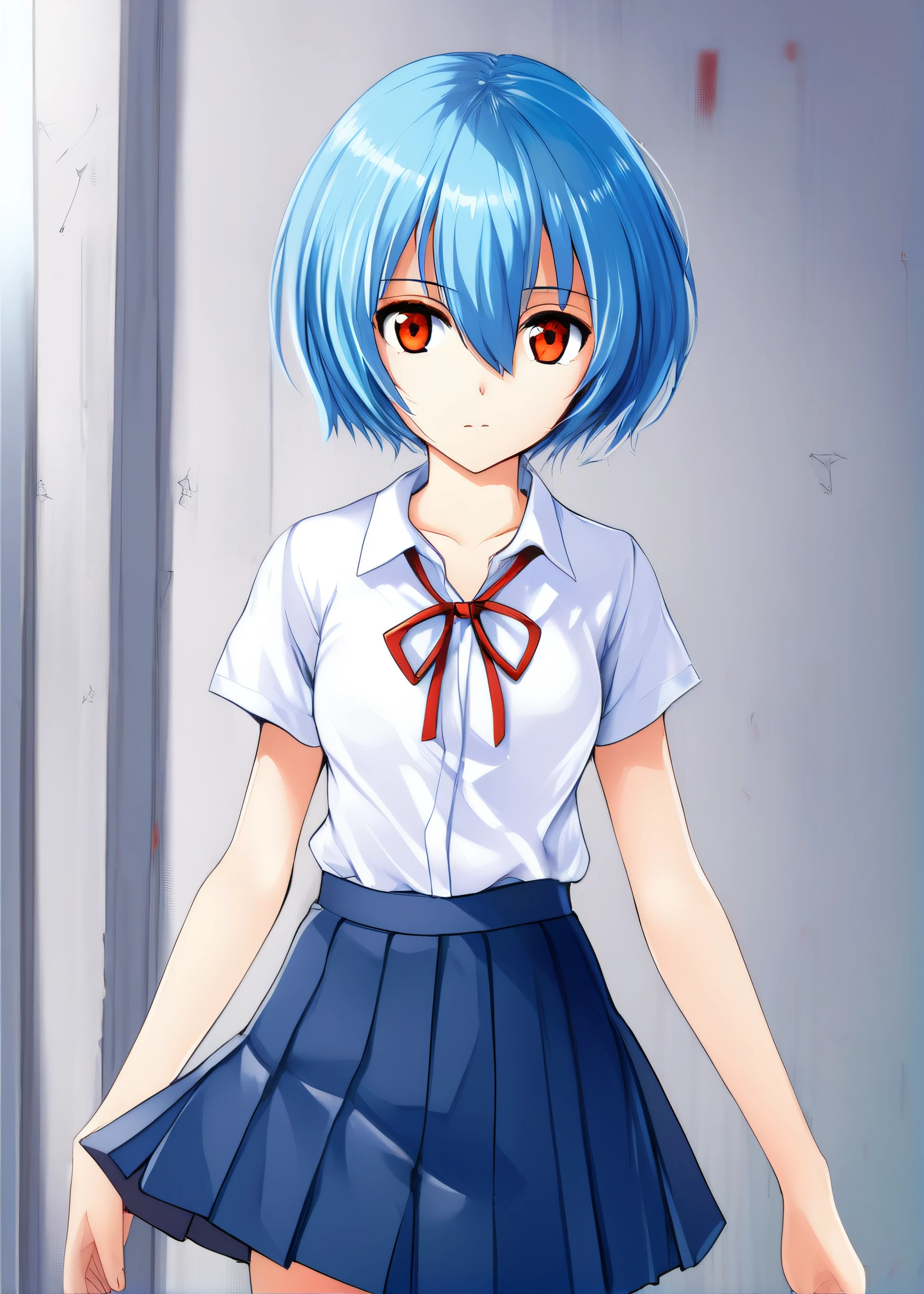 <lora:Rei:0.6> 1girl,solo,looking at viewer,short hair,bangs,skirt,shirt,red eyes,ribbon,hair between eyes,closed mouth,school uniform,blue hair,standing,white shirt,short sleeves,cowboy shot,red ribbon,blue skirt,neck ribbon,suspender skirt,tokyo-3 middle school uniform,ayanami rei