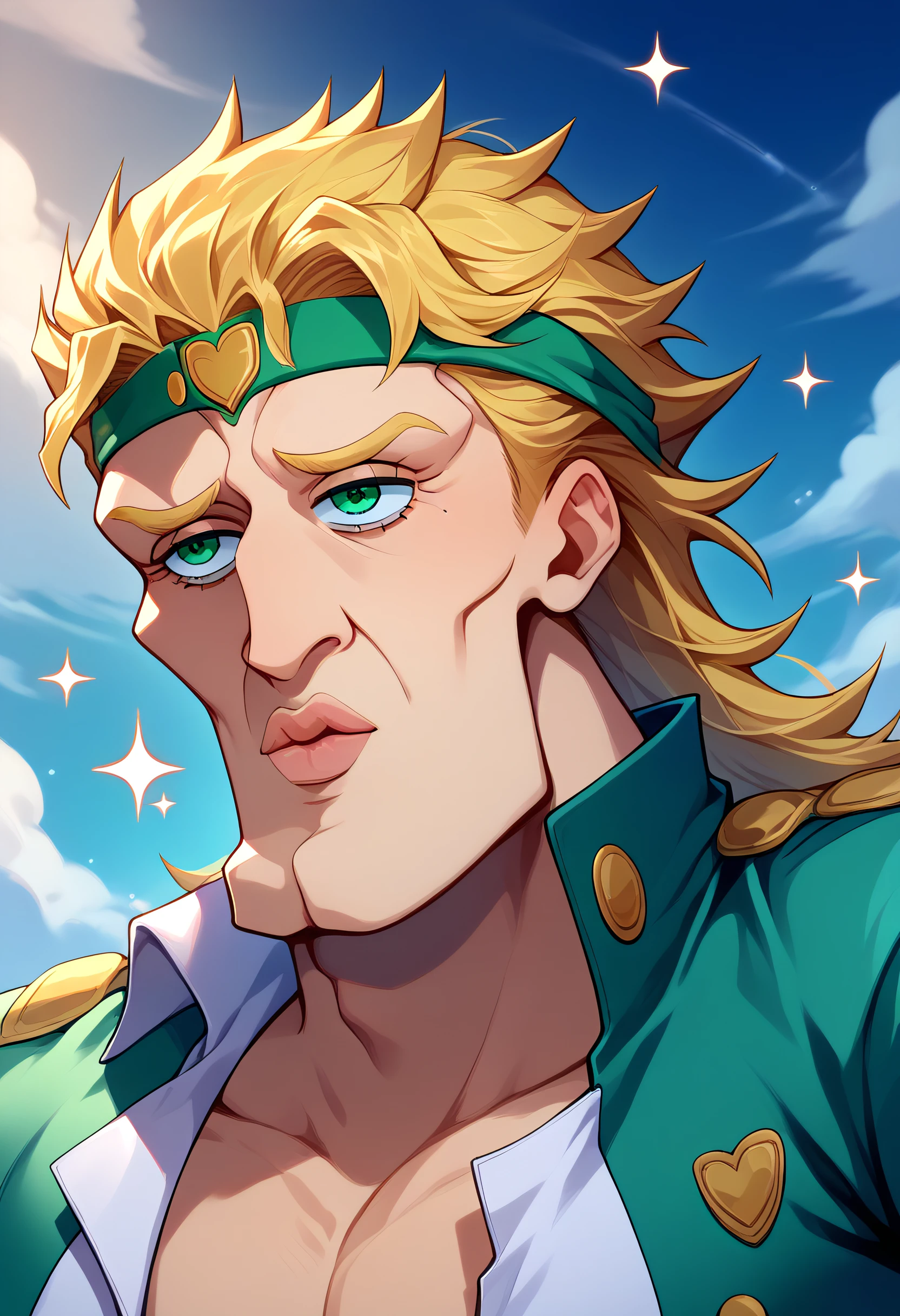score_9, score_8_up, score_7_up, BREAK <lora:handsomize_x_pdxl_v1:1> handsomize, kujo jotaro, dio brando, jojo no kimyou na bouken, blonde hair, green headband, sparkle