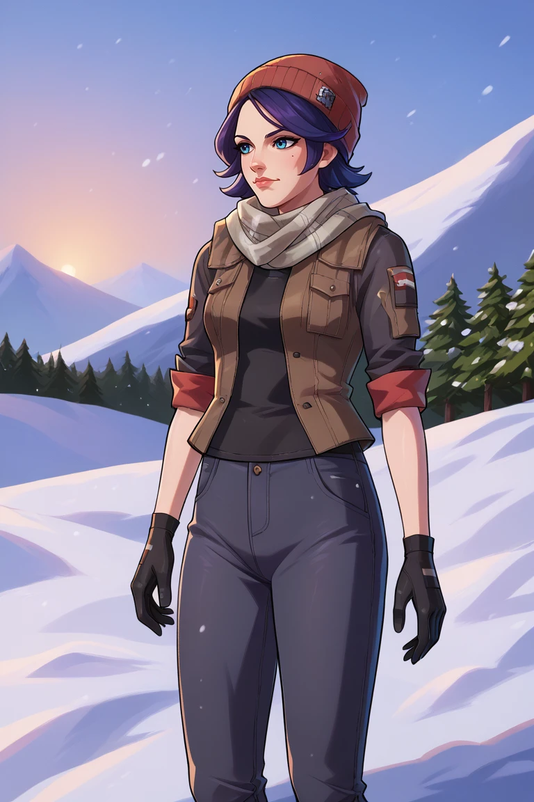 score_9, score_8_up, score_7_up, BREAK, 1girl, solo,  breasts,  <lora:athenabl-guy-PONYv1:.9>, athenabl, jacket, pants, beanie, scarf, winter, snow, outdoors,