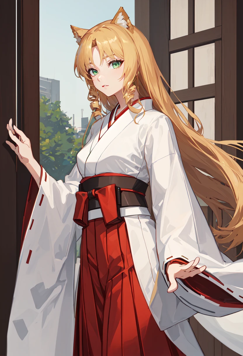 best quality, masterpiece, highres, solo, (swire_arknights:1.10), (white kimono:1.35), (red hakama:1.35), (wide sleeves:1.20), 25 <lora:swire_arknights:0.80>