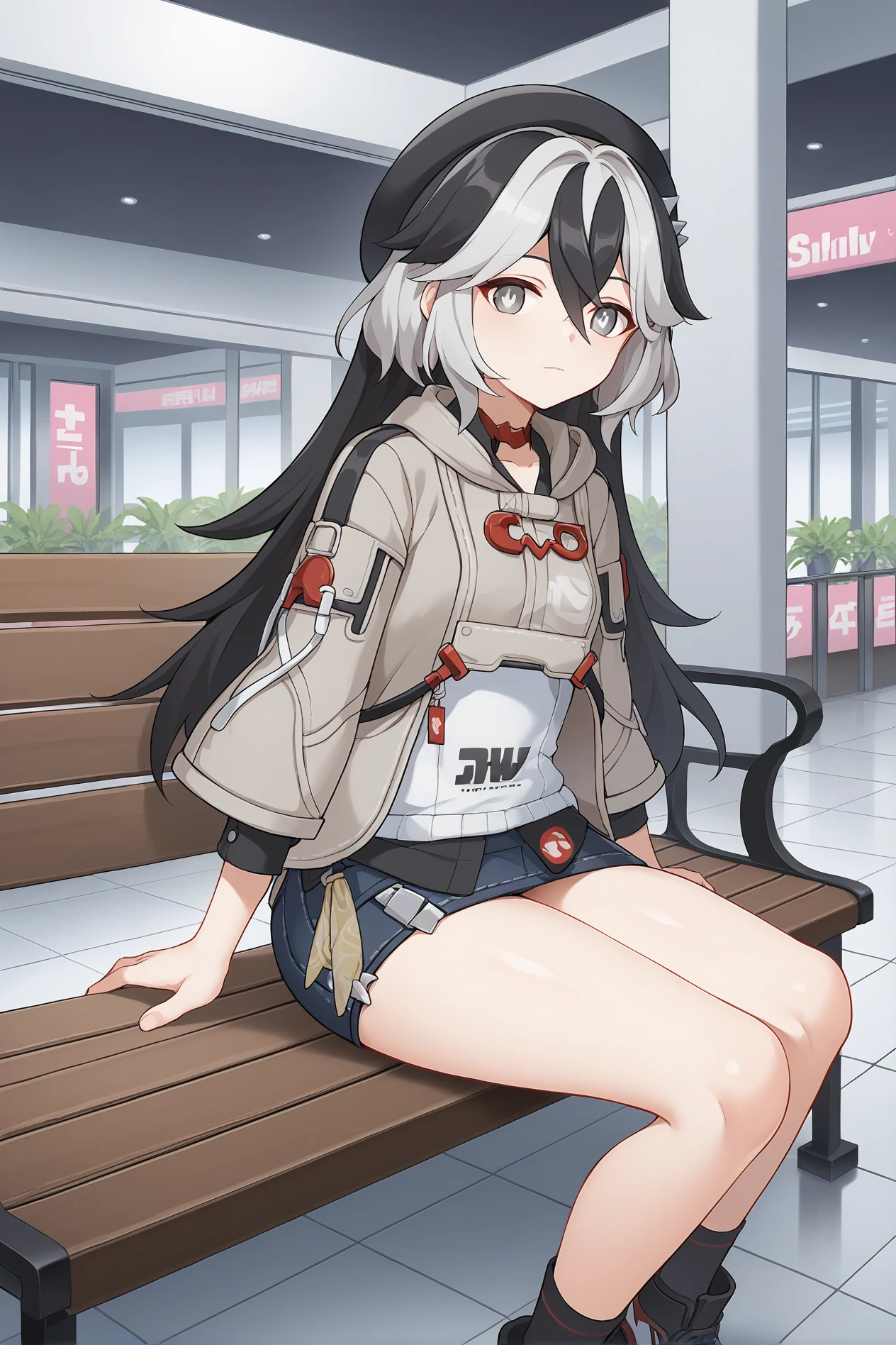 score_9, score_8_up, score_7_up ,score_6_up, 1girl, (petite, small breasts, closed mouth:1.3), solo, hi3 coralie, <lora:CoralieXL_V1-06:0.8>, (jacket, miniskirt, denim skirt, sneaker, beret:1.3), (grey eyes, two tone hair, white hair, black hair, long hair, bright pupils:1.4), (cowboy shot, sitting, bench:1.2), night, indoors, mall