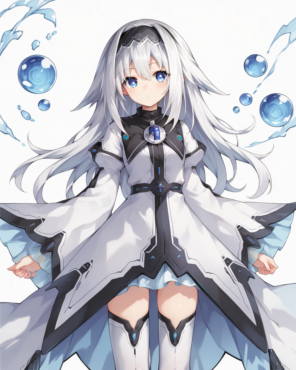 score_9, score_8_up, score_7_up,
<lora:Arusu_Maria_PONY:0.8>,arusu maria,1girl, solo, long hair, blue eyes, white hair,hair between eyes,white dress,white thighhighs, long sleeves, wide sleeves,black hairband,