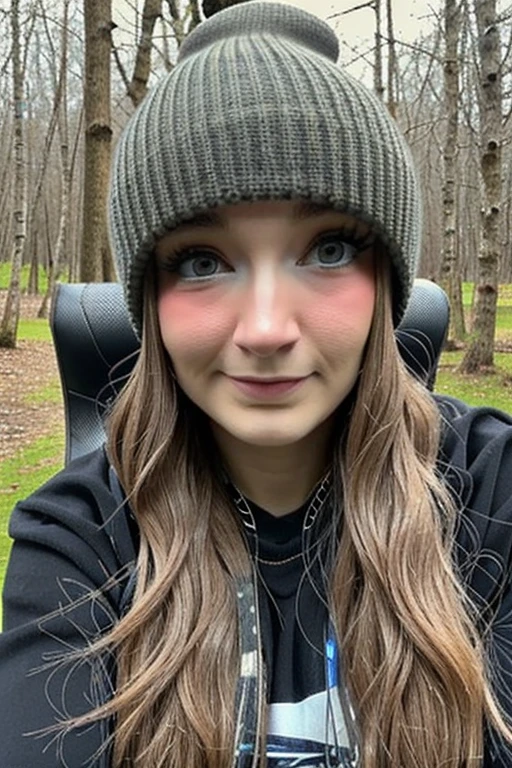 <lora:BBjess-000006:1> Bbjess
close up, Denims, hiking in the woods, knit beanie