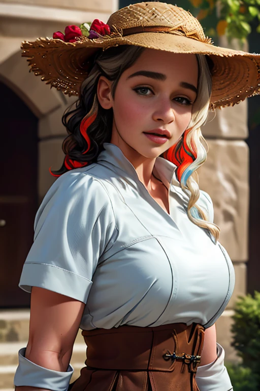 ((detailed)), ((masterpiece)), realistic, photorealistic, 8k resolution,
1girl, EmiliaClarke, lips, <lora:celebrityown_EmiliaClarke:0.7>,
a woman, gardener outfit, sun hat, gloves , messy bun, multicolored hair, colored tips, 
looking at viewer, upper body, facing viewer,