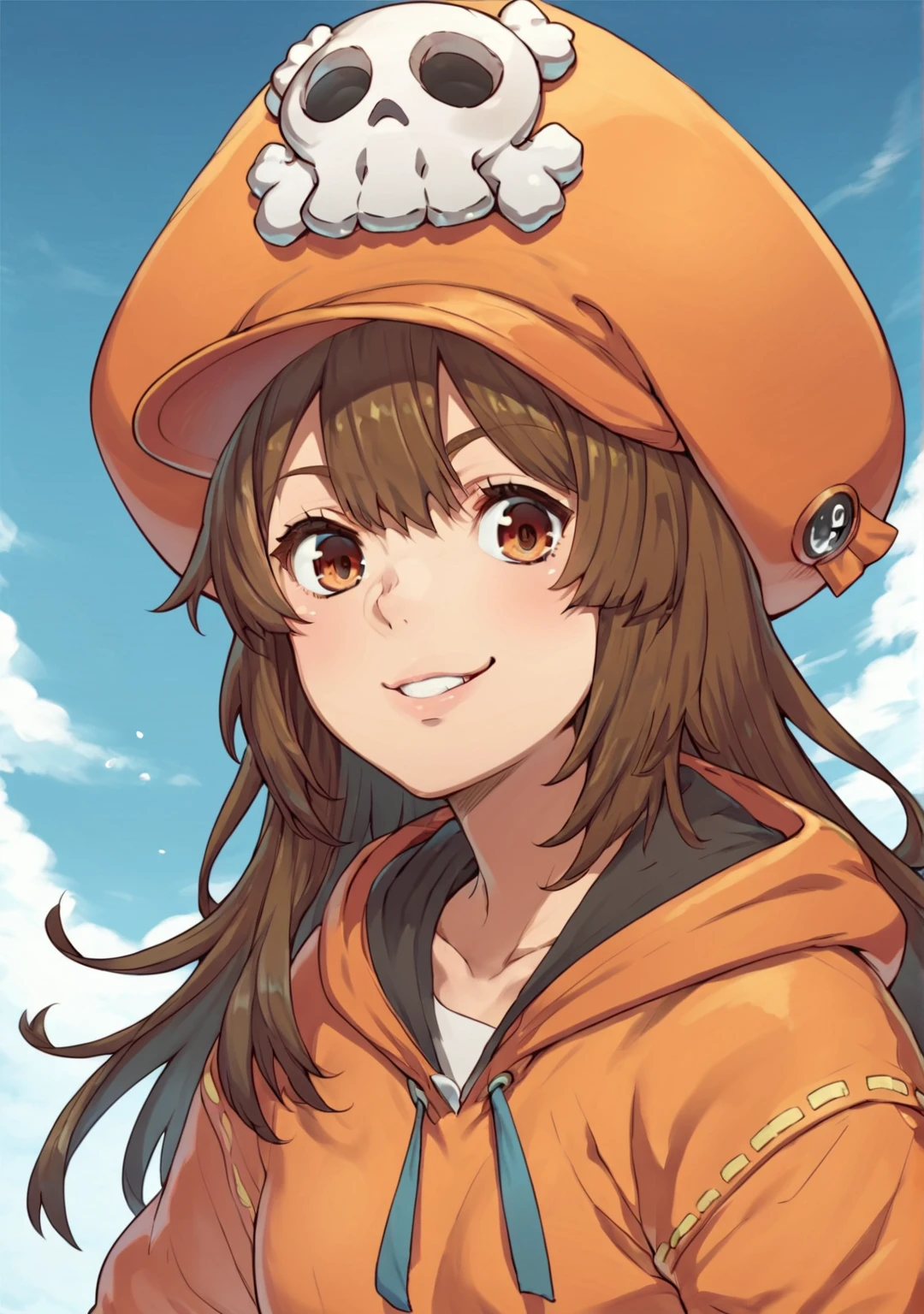 score_8_up, score_7_up, score_6_up, score_5_up, score_4_up, anime screenshot, looking at viewer, upper body, 
<lora:May Guilty Gear  (Autism SDXL)-000009:0.8> 1girl, may (guilty gear), skull and crossbones, orange hat, long hair, brown eyes, black gloves, orange hoodie,