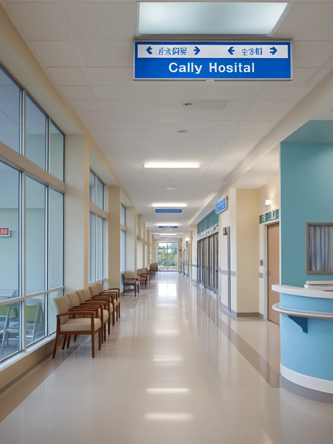 <lora:JJsHospitalInterior_XL:1>, ((Hospital Interior)) , ((best quality)),((masterpiece)),((realistic)), indoors,, chair, table, photorealistic, authentic, indoor scenery, highly detailed, ceiling light, window, glass, reflection, door, counter, corridor, sign,