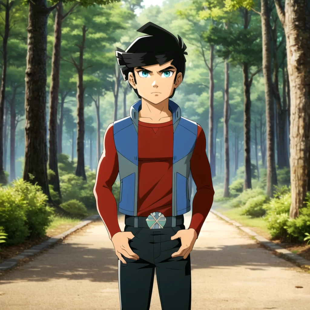 solo, 1boy, Ky Stax,  blue eyes, black hair,  vest, red shirt, long sleeves,    belt,  black pants,   <lora:Ky_Stax_Redakai_Leaf1:0.8>, cowboy shot, looking at viewer,  forest, hands in pockets,