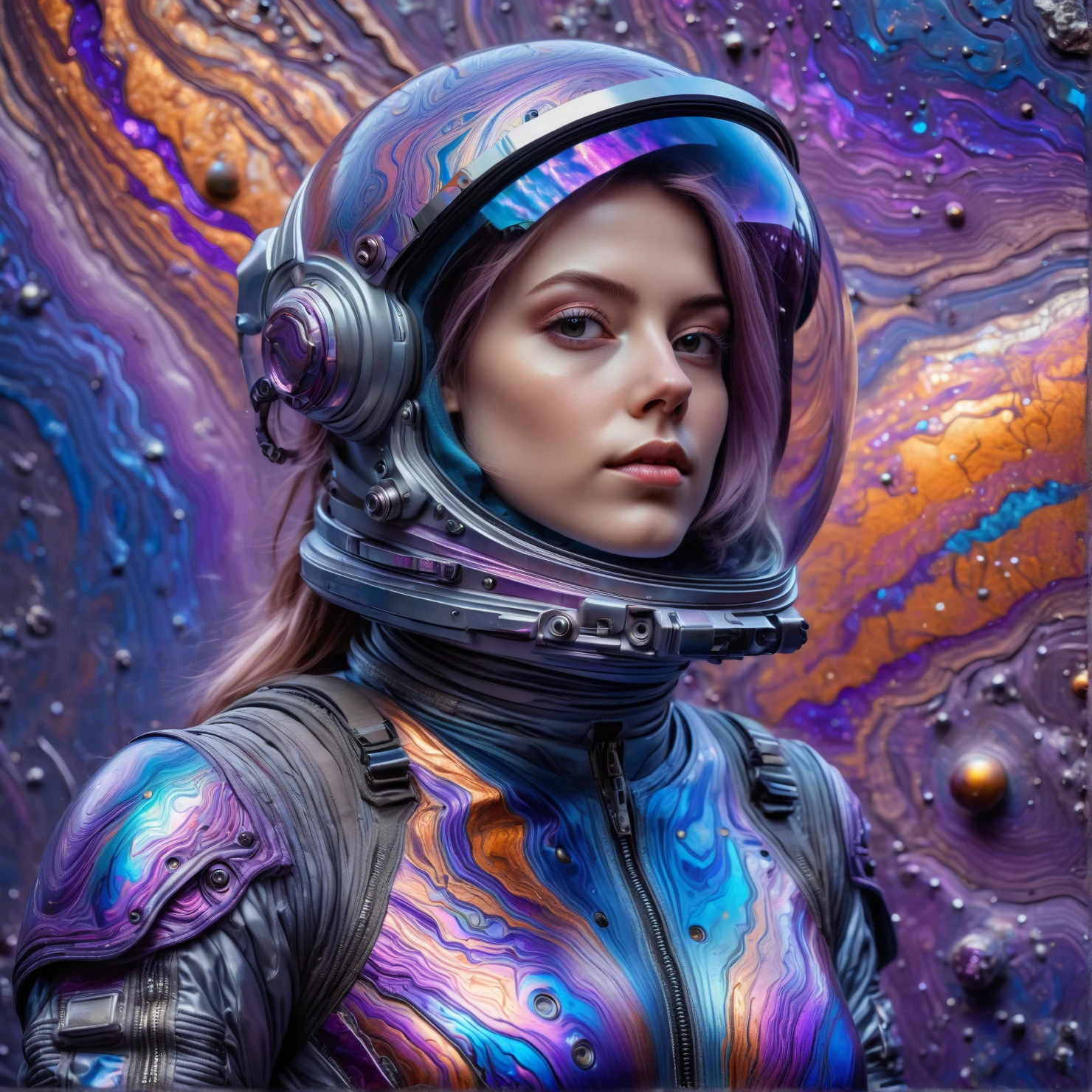 timascus style, realistic, realistic, a young woman in a spacesuit posing on timascus background,(SimplePositiveXLv2:0.6), <lora:Timascus_merge:0.8>