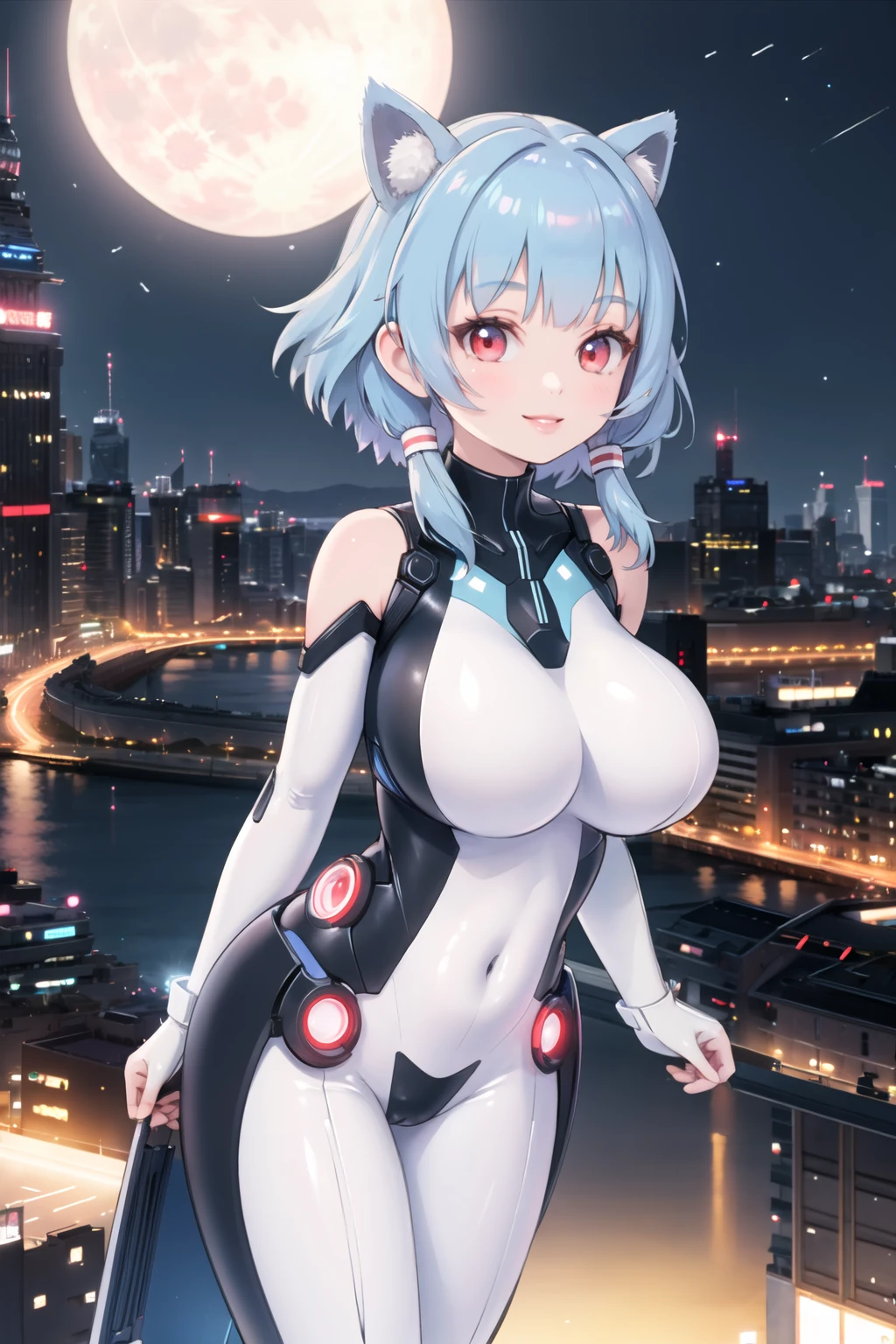 <lora:hairtube2:0.6>, hair tubes, gigantic breasts, bodysuit, <lora:tron:0.6>, tronwear, blue hair, red eyes, smile, lips, city, night, moon, wide hips