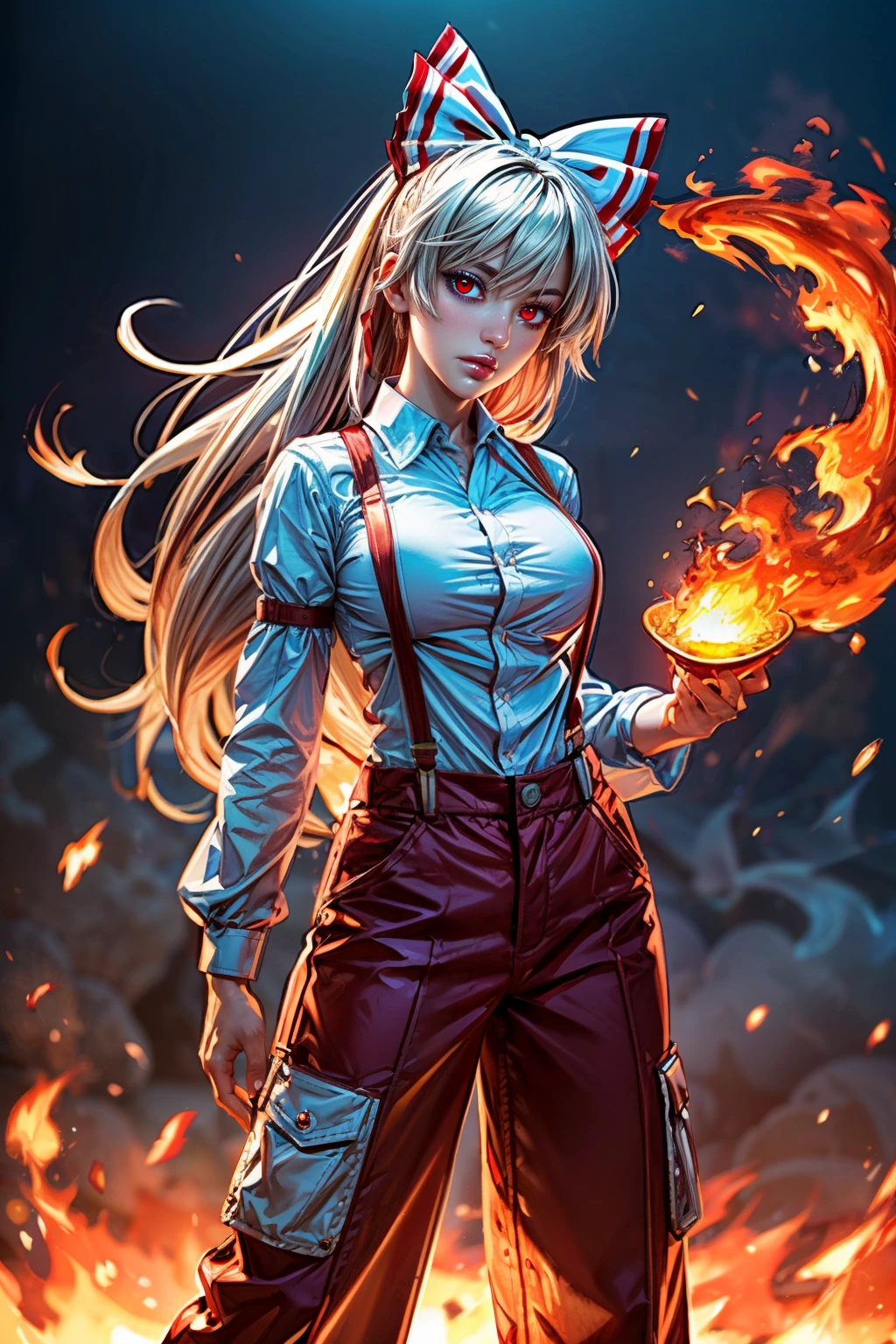 (ultra realistic,32k, masterpiece:1.2),(high detailed skin:1.1),( high quality:1.1), <lora:Fujiwara_no_Mokou:0.6>, fujiwara no mokou, white hair, red eyes, hime cut, very long hair, red baggy pants, bow, buttons, collared shirt, long sleeves, hair bow, sidelocks, suspenders, fire, fire ball, glowing eyes, dynamic pose, swirling flames, chaos, otherworldly fragrance blurry background, (looking at viewer, standing:1.1), huge breasts, large breasts, <lora:add_detail:0.92>, (glowwave:1.1),