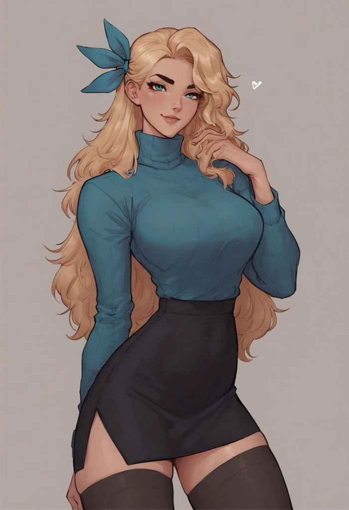 score_9, score_8_up, score_8, rating_explicit,
((tall girl)), lustfull look, looking at viewer, soft seductive smile, horny, aqua eyes, blonde hair, hair ribbon, long hair, black skirt, black thighhighs, long sleeves, turtleneck,