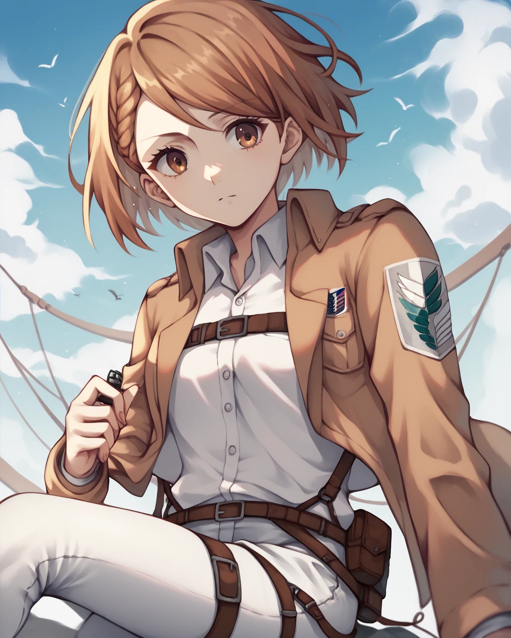 score_9, score_8_up, score_7_up,
<lora:Petra_Ral_PONY:1>,petra ral, 1girl, solo, short hair, brown hair, brown eyes,paradis military uniform, shirt, long sleeves,, training corps \(emblem\), white pants,thigh strap,