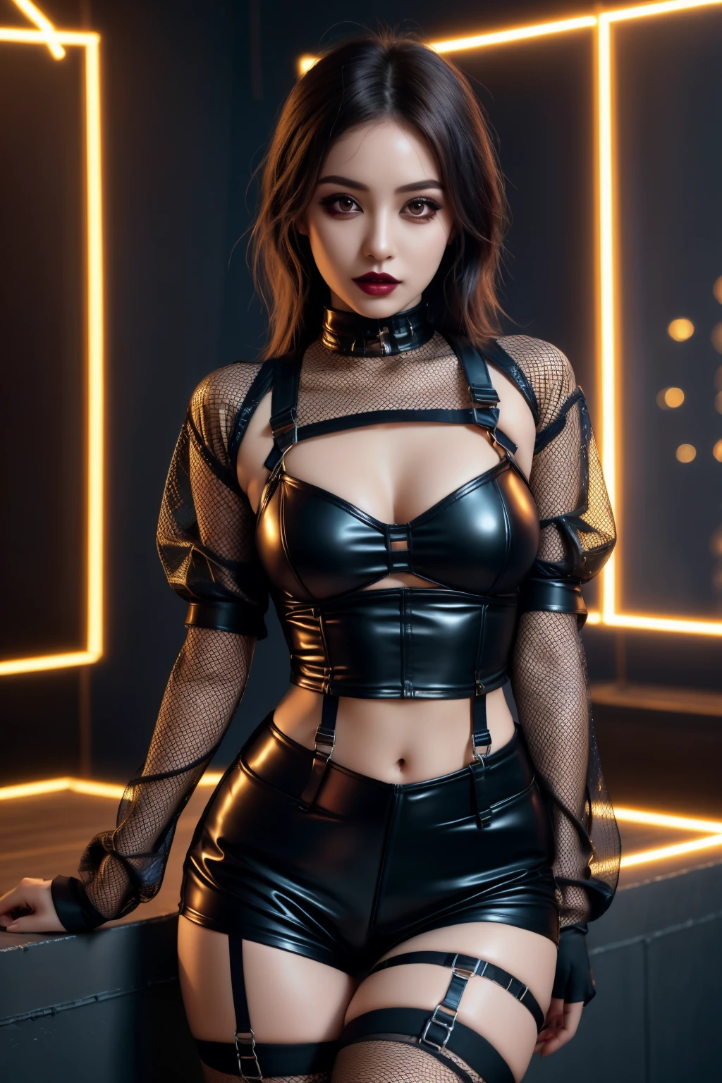 Beautiful Girl, Korean makeup, Red lips, Platinum hair, medium body, medium chest, thigh, trang phục cyberpunk, Cyberpunk style, future, Fiction,