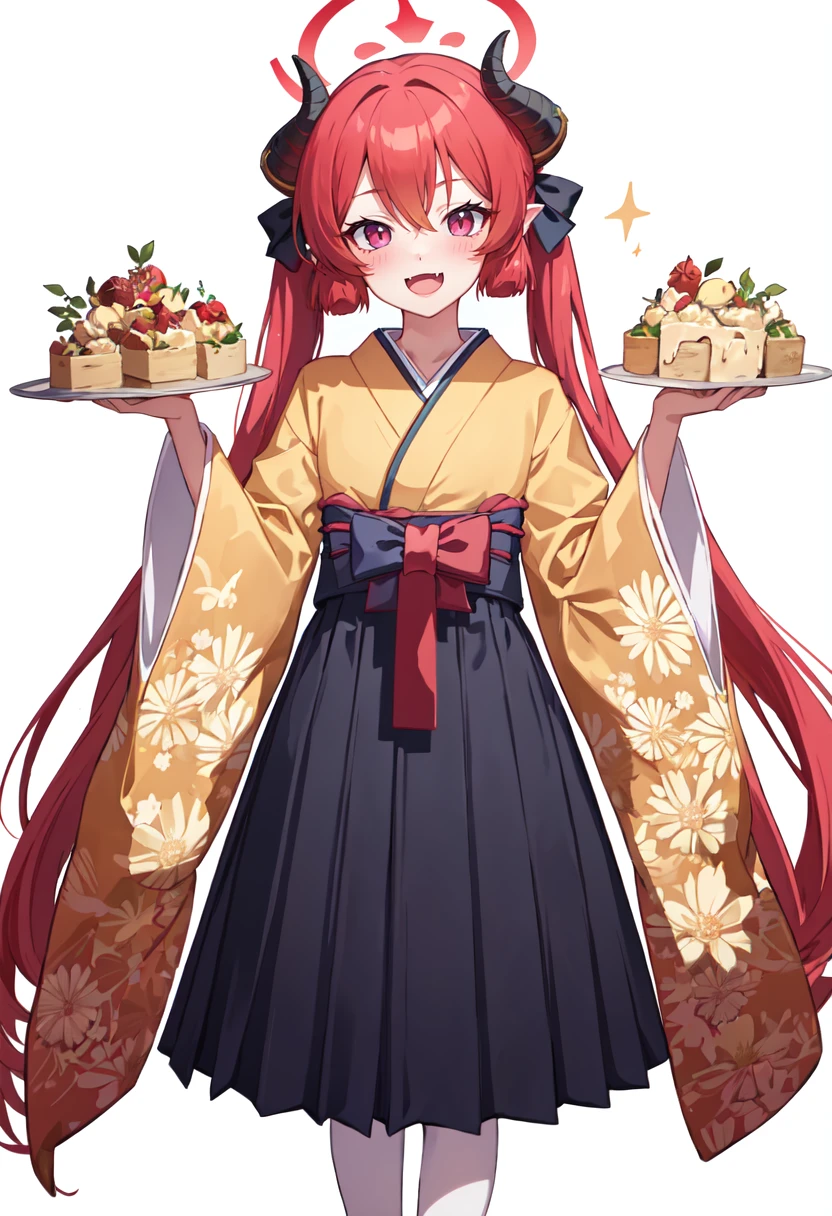 best quality, masterpiece, highres, solo, (junko_bluearchive:1.10), 1girl, blush, long sleeves, official alternate costume, open mouth, smile, yellow kimono, hakama skirt, wide sleeves, looking at viewer, simple background, floral print, skin fang, white background, food, holding, black hakama, red wings, 4 <lora:junko_bluearchive:0.80>