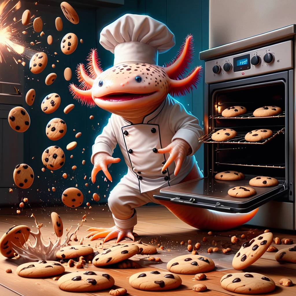 <lora:Axomodel XL:0.8> 4xolotl, axtolotl in chef's outfit, frantically pressing buttons on an oven, cookies flying everywhere, explosions, dramatic vibrant digital painting