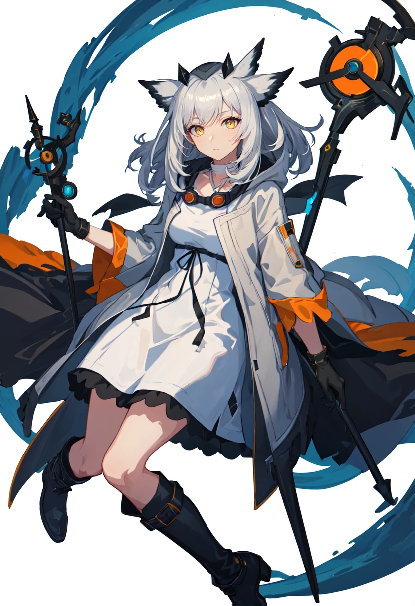 best quality, masterpiece, highres, solo, (ptilopsis_arknights:1.10), 1girl, holding staff, long sleeves, white dress, black gloves, looking at viewer, armband, rhine lab logo, goggles around neck, open jacket, simple background, white background, black footwear, grey coat, boots, medium hair, 3 <lora:ptilopsis_arknights:0.80>