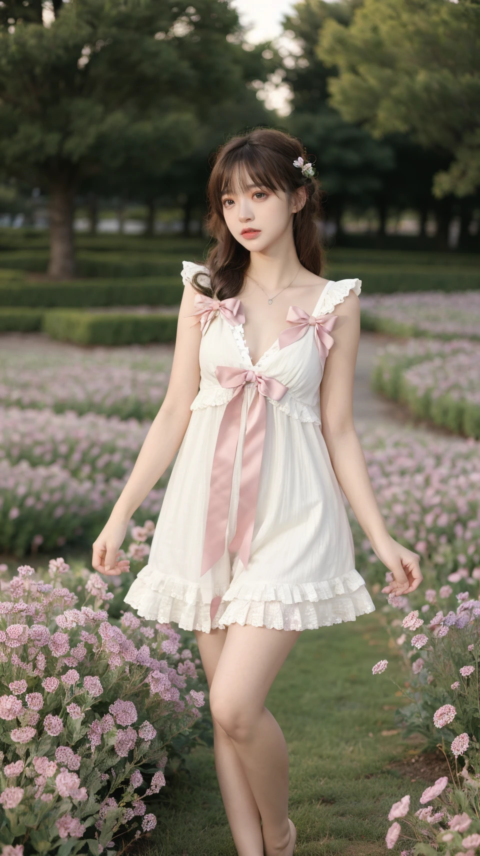 best quality,HDR,UHD,8K,Vivid Colors,solo,photo_,(1girl:1.3),(standing:1.3),(looking at viewer:1.4),Elegant,detailed gorgeous face,(full body:1.2),morning,(flower field background:1.2),black eye,long hair,sunlight,dappled sunlight,marginal light,<lora:Twinkle15:0.75>,ribbon,flower,frills,side view