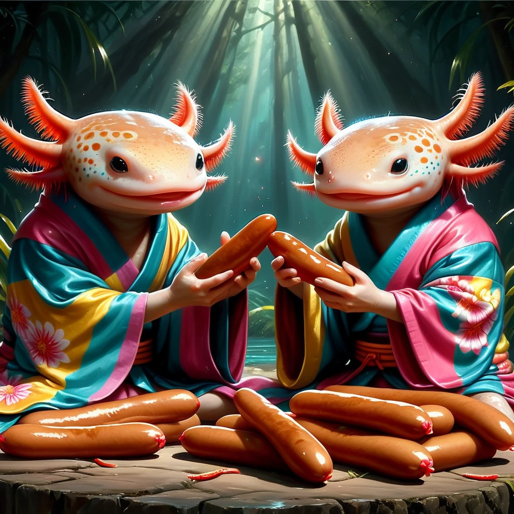 <lora:4xoltl-01:0.8> axolotls wearing kimonos, eating hotdogs, giving each other high fives, masterpiece , digital painting artstyle of 4xoltol