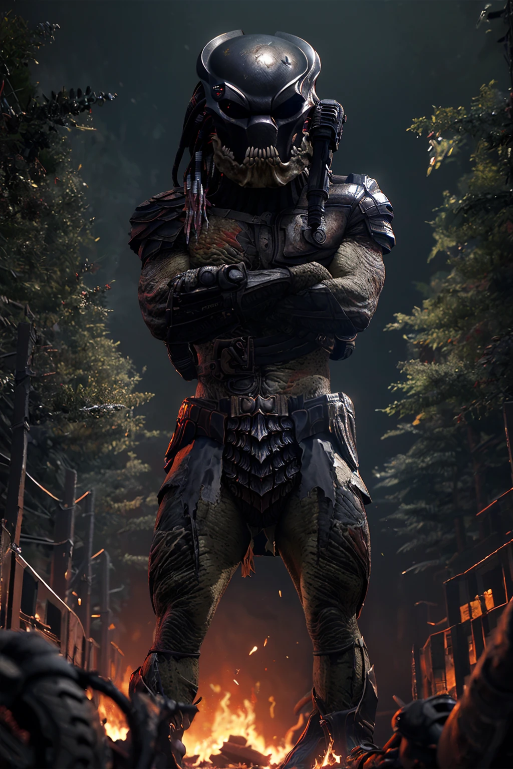 masterpiece, best quality,detailed background,(battle field:1.5),fire,night,(from below:0.8),forest
MrBlack,1boy,solo,predator \(movie\),mask,gauntlets, armor,shoulder canon, full body,looking at viewer,(crossed arms:1.2), standing,<lora:MrBlackv2:1>