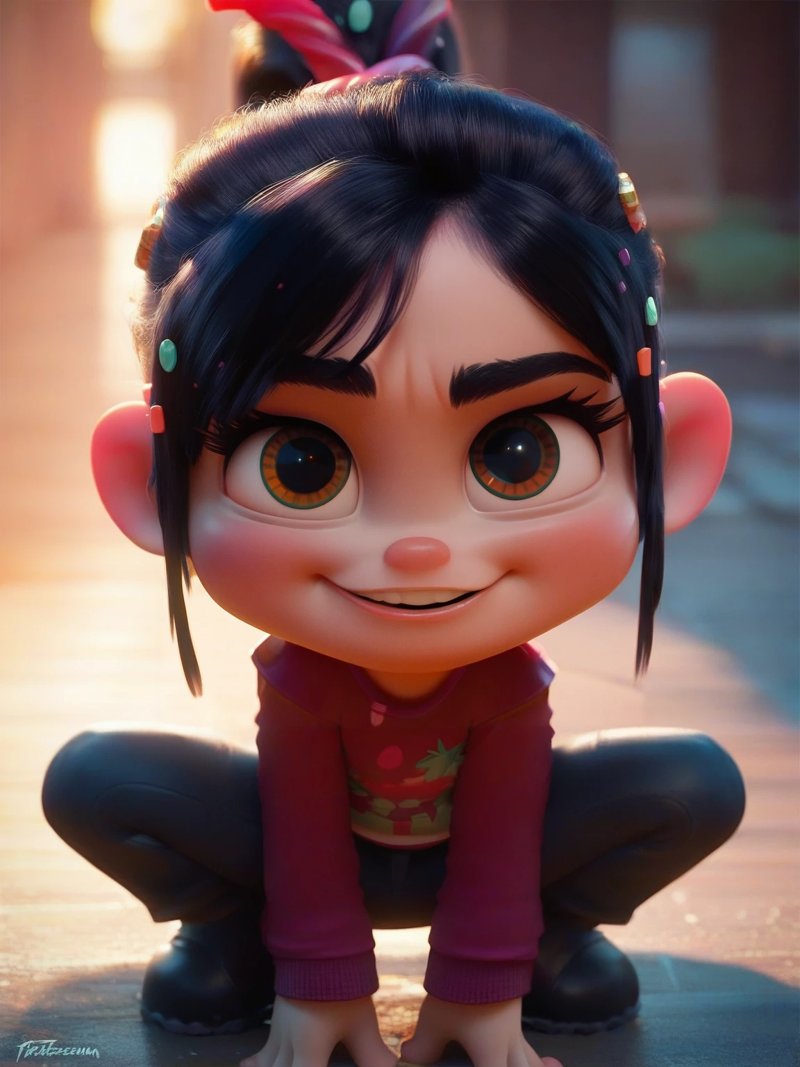 <lora:Vanellope:0.9> va_pe, 1girl, small body, black hair, brown eyes, looking at viewer, squatting, front view, spreading legs,, score_9, score_8_up, score_7_up,