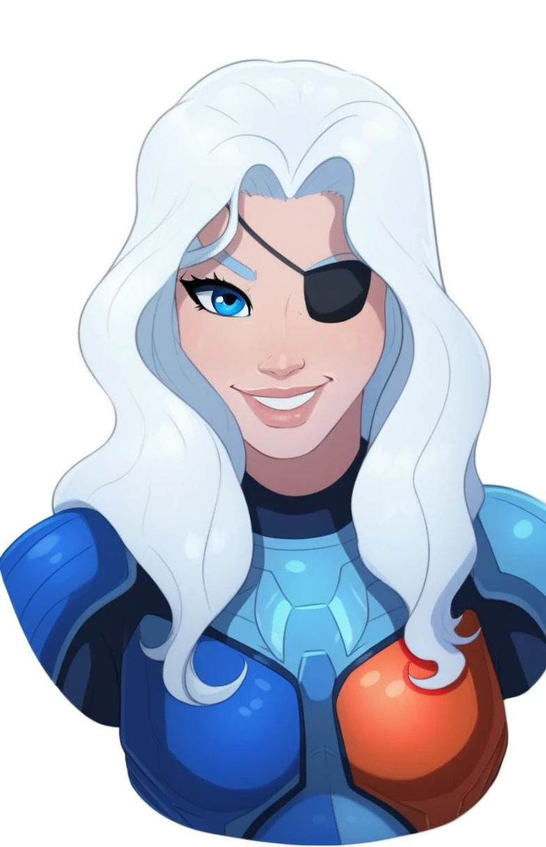 <lora:Ravager:1>
1girl,solo,long hair,smile,white background,white hair, armor,lips,bodysuit, one eyepatch, blue eyes