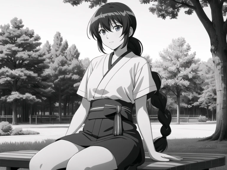 ((illustration, 90s, 1990s, anime)), 40_anime, 8_MakimachiMisao, dataset, 1girl, single braid, black hair, long hair, blue eyes, japanese clothes, short sleeves, blue short kimono, pink bow, sash, looking at viewer, expressive face details, outdoors of a beautiful forest, makimachi misao, sitting in a bench in a beautiful park, <lora:Makimachi Misao S:1.1>, greyscale, monochrome,, masterpiece, best quality, high quality