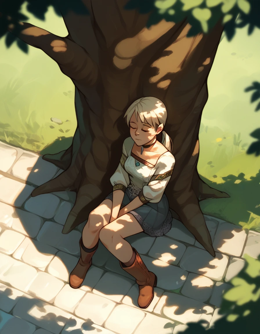 score_9, score_8_up, score_7_up, score_6_up, score_5_up, score_4_up
<lora:fiona-ponyxl:1>
fiona belli, ponytail, choker, blouse, miniskirt,
1girl, against tree, cobblestone, dappled sunlight, outdoors, sitting, sleeping, sleeping upright, sunlight, tree, yokozuwari