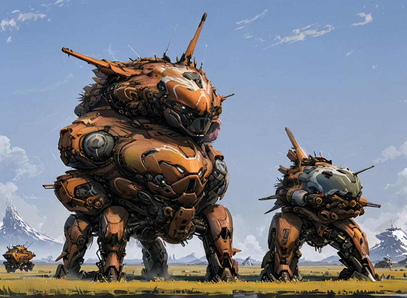 a small and distant vehicle flanked by mechas, concept art, no humans, far away, distant,