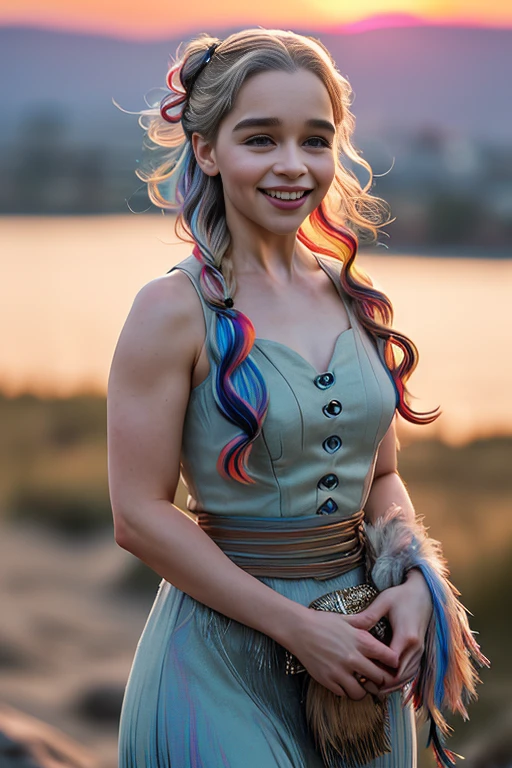 (masterpiece), (extremely intricate:1.3), (realistic), 1girl, a photo of EmiliaClarke, (cowboy shot:1.2), looking at viewer, the most beautiful in the world, smile, teeth,
a woman, biker chick, leather jacket, ripped jeans,
(braided ponytail, pink hair:1.3),
sharp focus, dramatic, award winning, cinematic lighting, octane render unreal engine, volumetrics dtx, (film grain, blurry background, blurry foreground, bokeh, depth of field, sunset, motion blur:1.3), chainmail,
<lora:celebrityown_EmiliaClarke:0.6>,