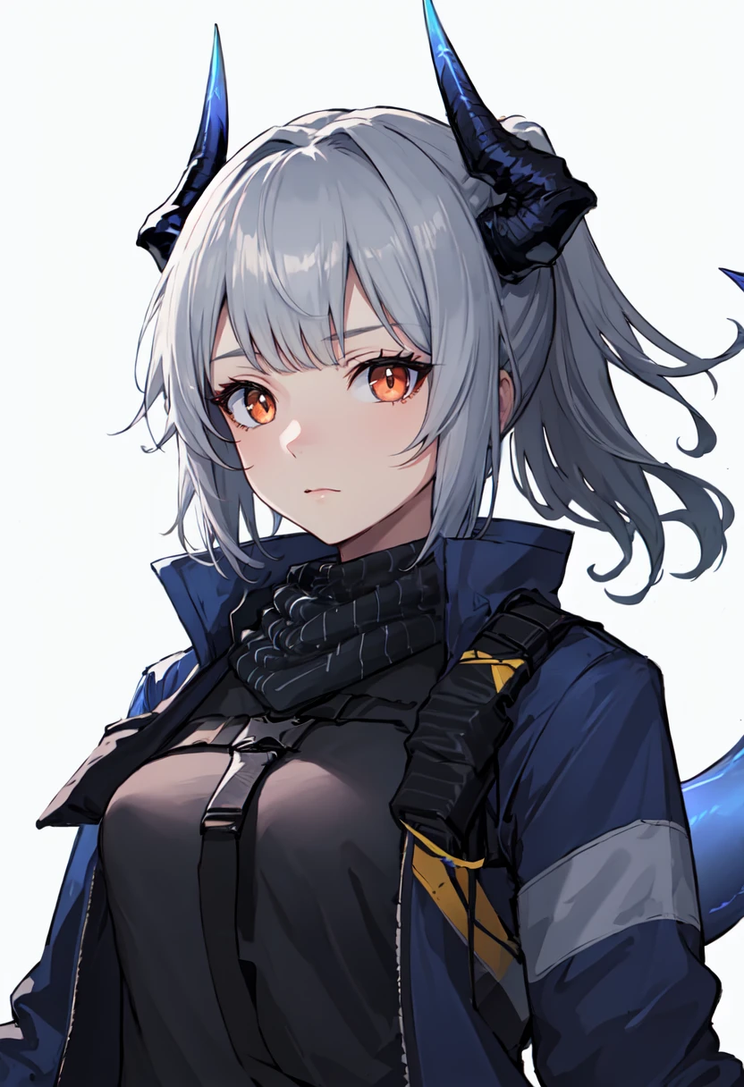 best quality, masterpiece, highres, solo, (liskarm_arknights:1.10), black shirt, open jacket, 1girl, upper body, blue jacket, looking at viewer, black scarf, simple background, closed mouth, white background, 6 <lora:liskarm_arknights:0.80>