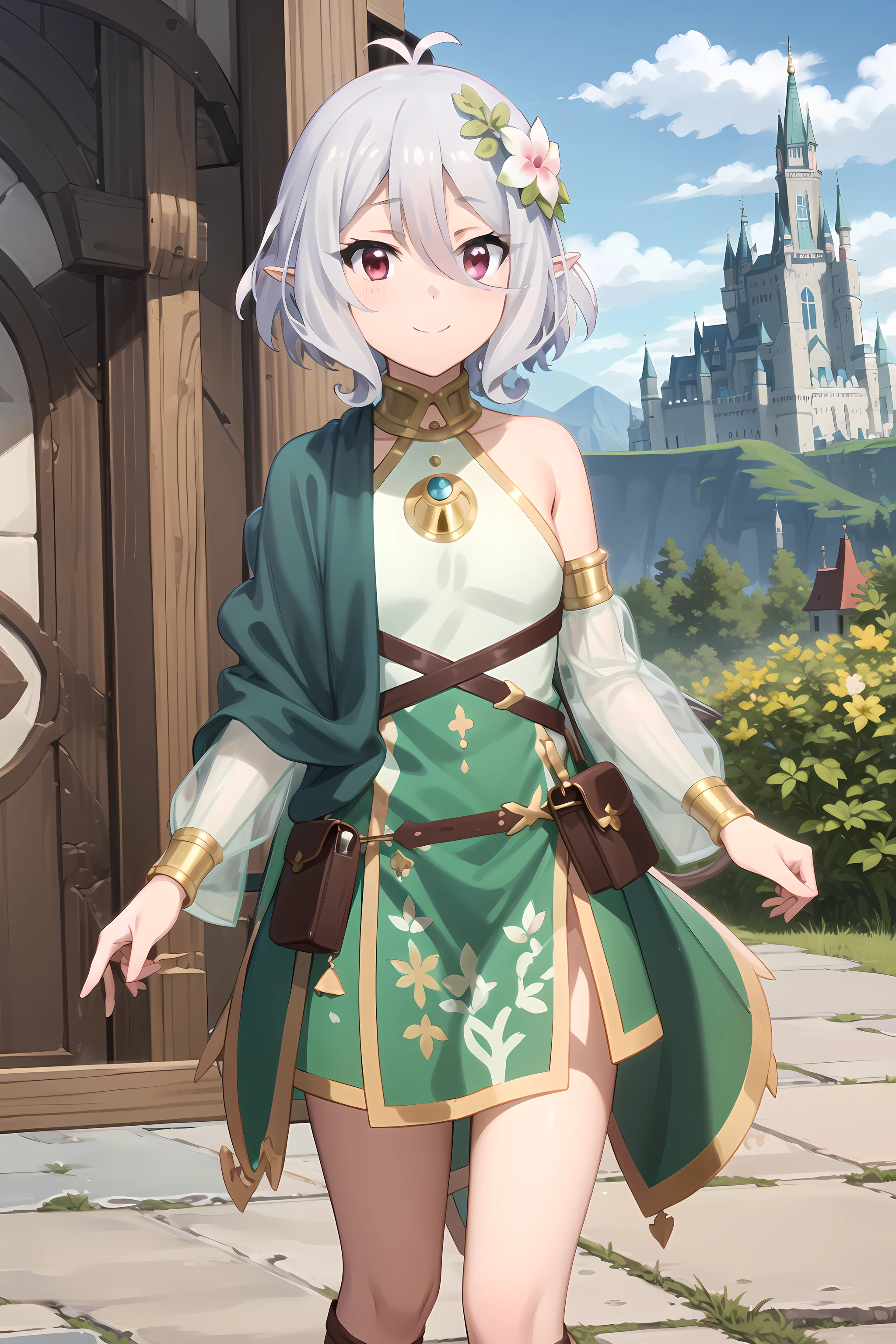 best quality, masterpiece, detailed,
<lora:PrincessConnect_Kokkoro:0.9>, Kokkoro,
1girl, closed mouth, light smile,
grey hair, short hair, antenna hair, pink eyes, hair flower, pointy ears,
KokkoroDress, dress, detached sleeves, green cape, single bare shoulder,
standing, looking at viewer,
outdoors, (castle:1.2), fantasy