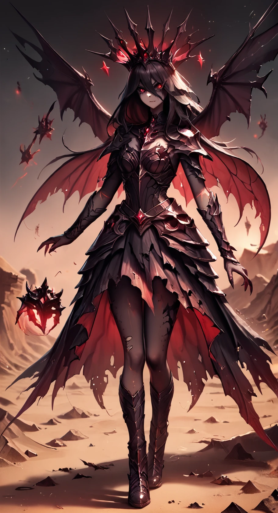 score_9, score_8_up, score_7_up,nice detailed dried out desert backround,source_anime,EtherealRuin,1girl,wearing Footwear of the Fallen,wearing Dark Crown of Power,wearing Shattered Silk Skirt,wearing Biomorphic Armor Bodice,<lora:EtherealRuinOutfitPony:0.5>, <lora:Corruption:0.5> Corrupted, corrupted clothing style, <lora:MadnesStyle:0.3> Madness