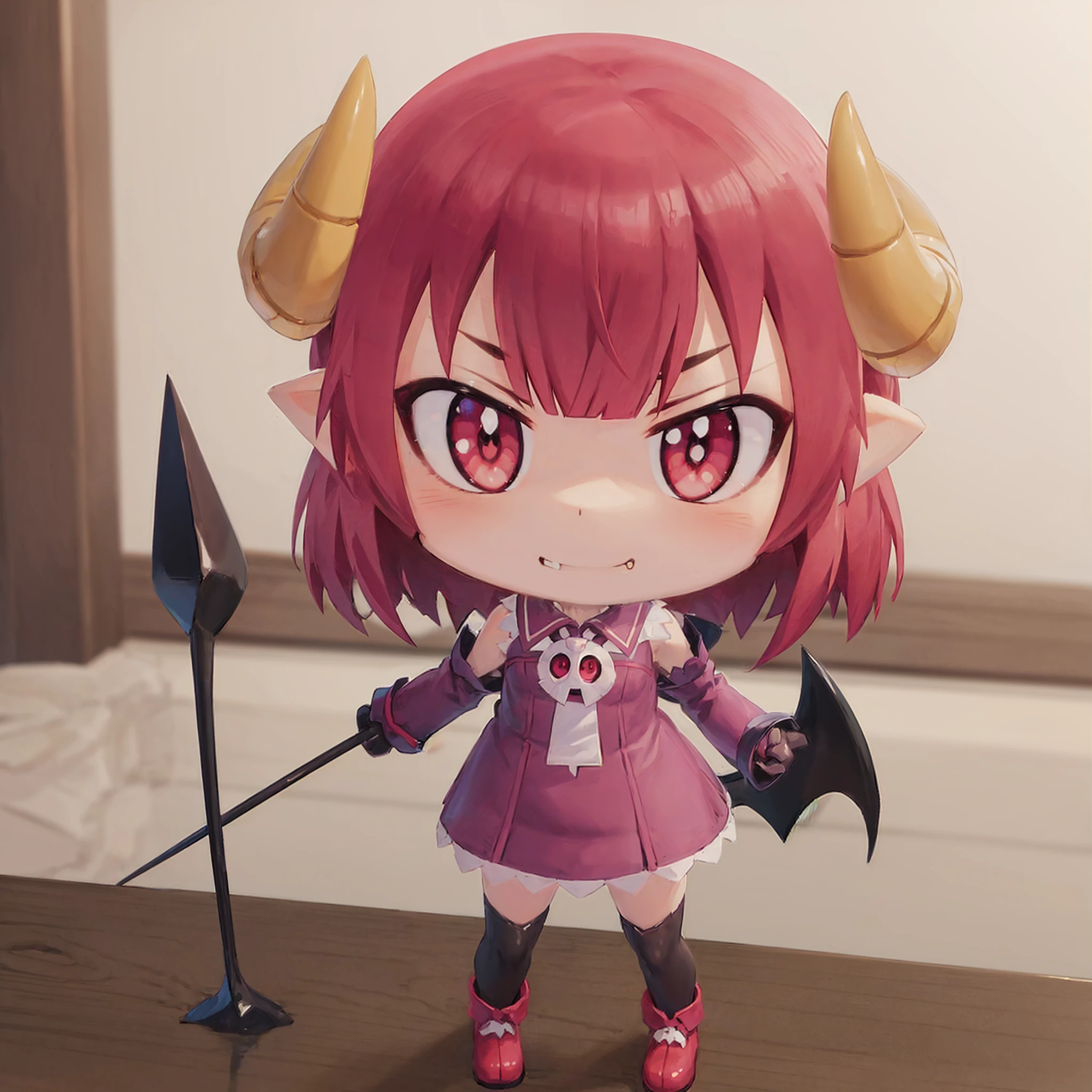 absurdres, high detail, uhd, on table, 
standing. holding spear, smug face,
chibikurona, demon girl,
<lora:game-galgun2-kurona-t2-000100:0.7>