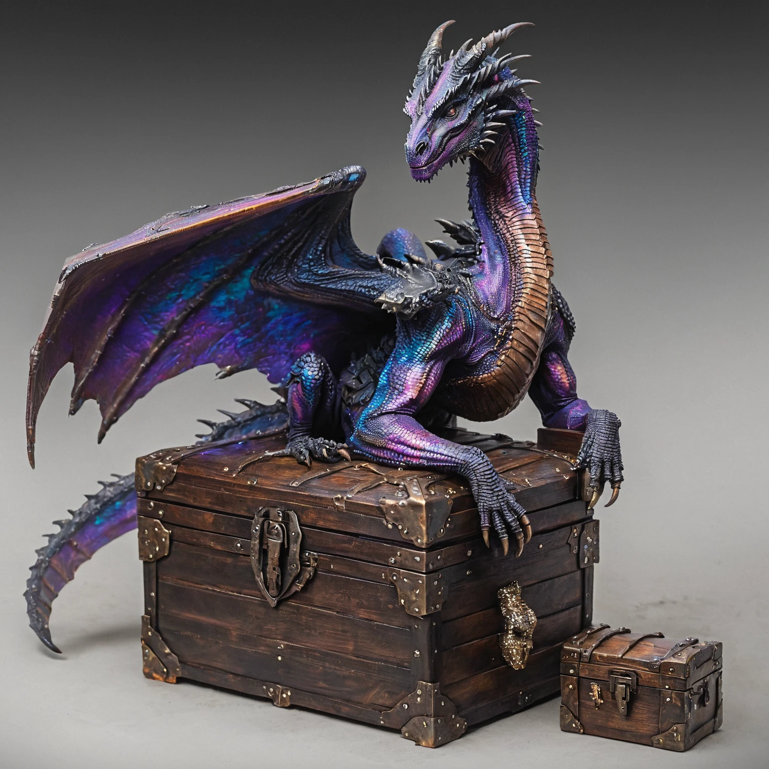 timascus style,realistic, a western dragon guarding a treasure chest, solo, feral, full body, sitting, wings, tail, claws, black scales <lora:Dragons:1>(SimplePositiveXLv2:0.6), <lora:Timascus_merge:1>