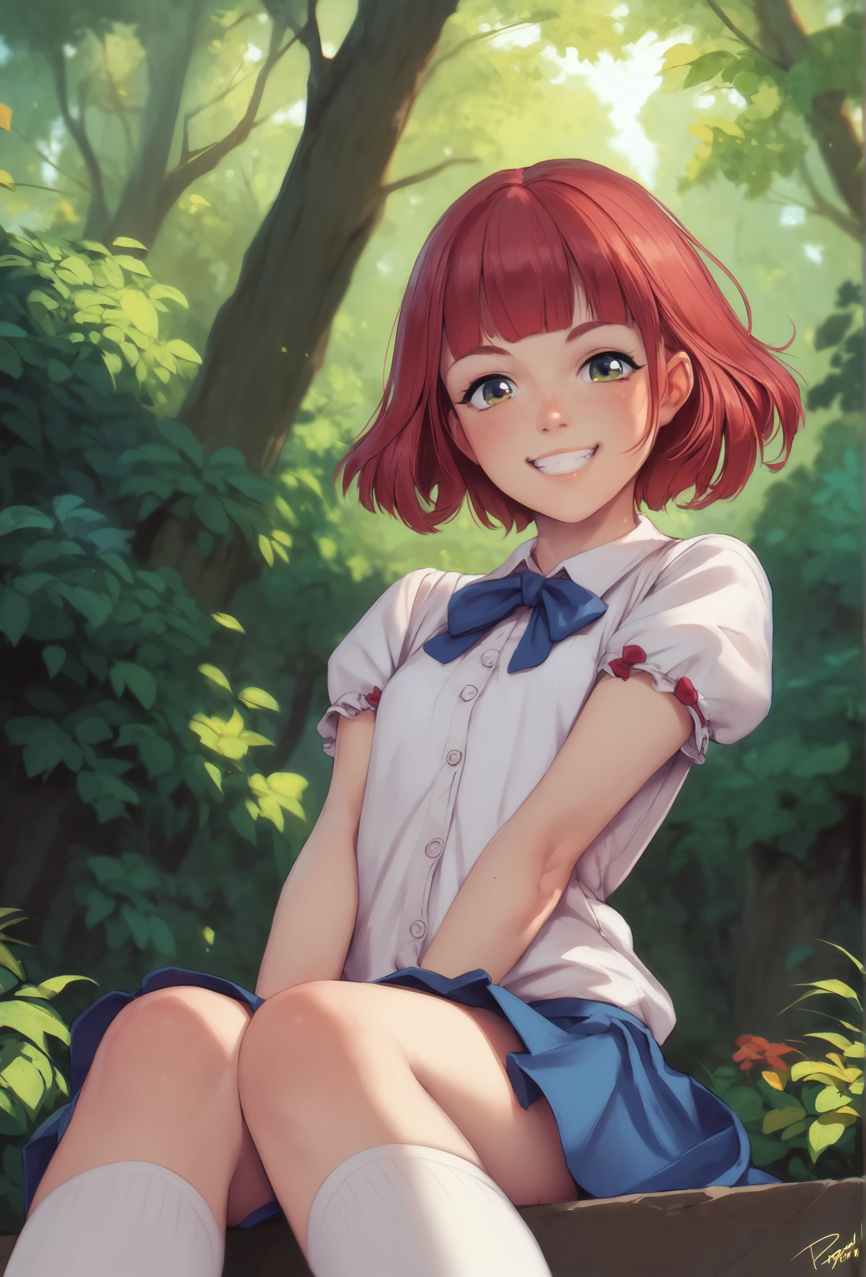 score_9, score_8_up, score_7_up, score_6_up, score_5_up, score_4_up, outdoors, forest BREAK
<lora:personalami_style_ponyXL_v1:1> personalamistyle, 1girl, solo, sitting, looking at viewer, young, red hair, from below, skirt, white kneehighs, mary janes, short hair, happy, teeth, grin, blunt bangs