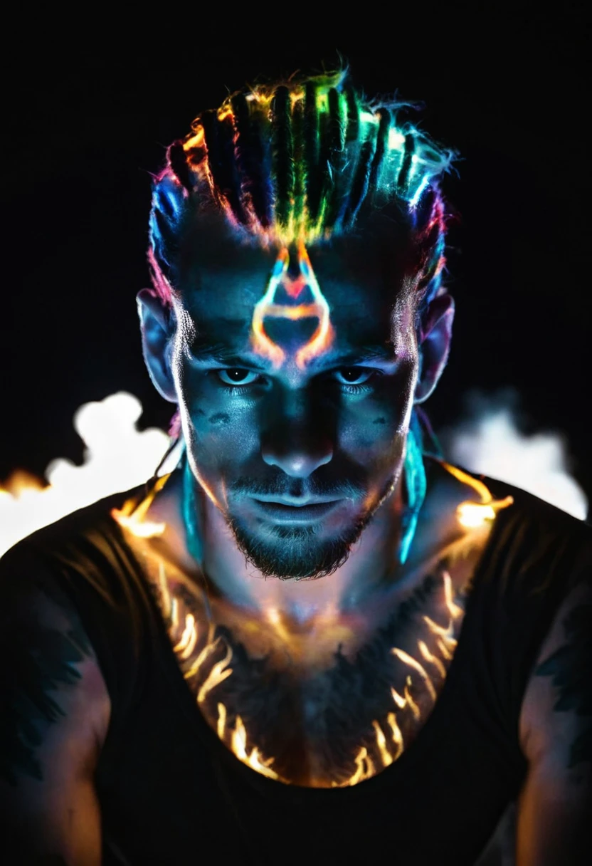 cinematic, ((black and white, monochrome, greyscale)), symmetrical, close up, portrait, photograph, of a Sean O'Malley UFC fighter with glowing rainbow bioluminescent hair, demonic, flaming, on fire, burning, on a dark, dimly lit, lonely, highway, at night, noise, noisy, detailed, high quality, cinematic lighting, contrast, heavy dynamic shadows, atmospheric <lora:Sean O'Malley UFC fighter:1>