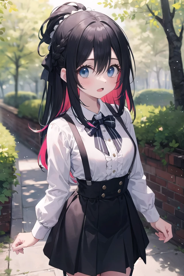 <lora:hotarueye_tareme3_v100:1>, insanely detailed, absurdres, ultra-highres, ultra-detailed, best quality,
1girl, solo, nice hands, perfect hands
BREAK
braid, shirt, holding, mary janes, socks, black skirt, long hair, white shirt, suspender skirt, white socks, long sleeves, ribbon, suspenders, standing, ruffles, black ribbon, bow , black bow tie, long skirt, black bow, neck ribbon, bowtie, bag
BREAK
(nsfw:-1.5)
BREAK
expressionless, open mouth
BREAK
,
standing, cowboy shot, looking at viewer
BREAK
slender, kawaii, perfect symmetrical face, ultra cute girl, ultra cute face, ultra detailed eyes, ultra detailed hair, ultra cute, ultra beautiful
BREAK
in forest, depth of field, ultra detailed background
BREAK
medium large breasts
BREAK
(random color hair, multicolored hair:1.2), rainbow color eyes, topknot, hair between eyes