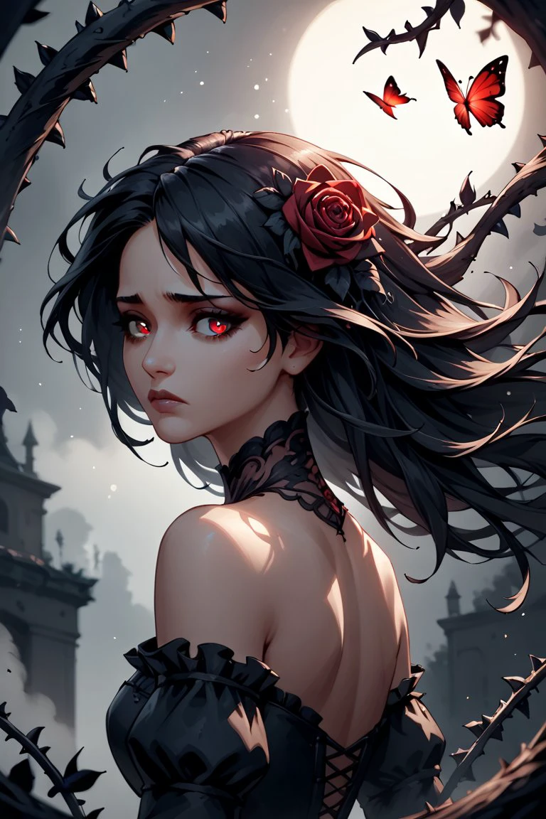 (score_9,score_8_up,score_7_up),year 2023,1girl,solo,red and black theme,strong picture,dark,upper body,side_face,sad,parted_lips,looking back,floating hair,black dress,bare shoulders,delicate and beautiful eye,gothic_lolita,black rose,thistles and thorns,flora,fog,red butterfly,underlighting,bokeh,blurry background,strong visual impact,film lighting,from side