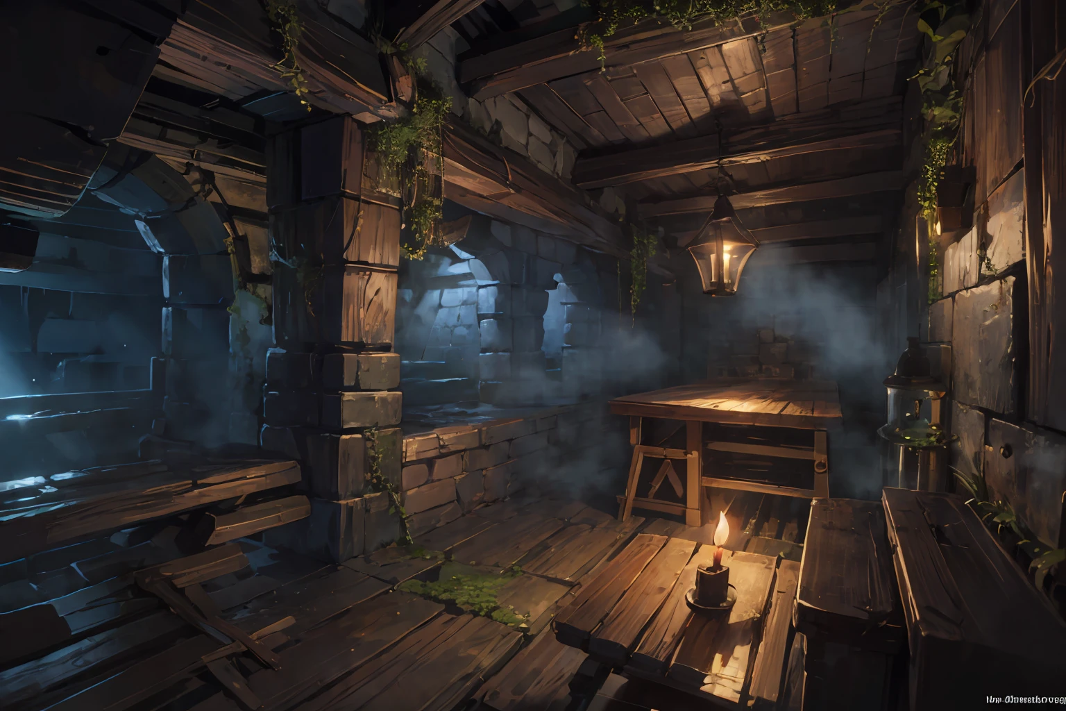 hires,high quality,best quality, environment,underground,dungeon-background, dungeon, vines, moss, prison cells, iron bars, candle on table
<lora:dungeon v1:0.8>