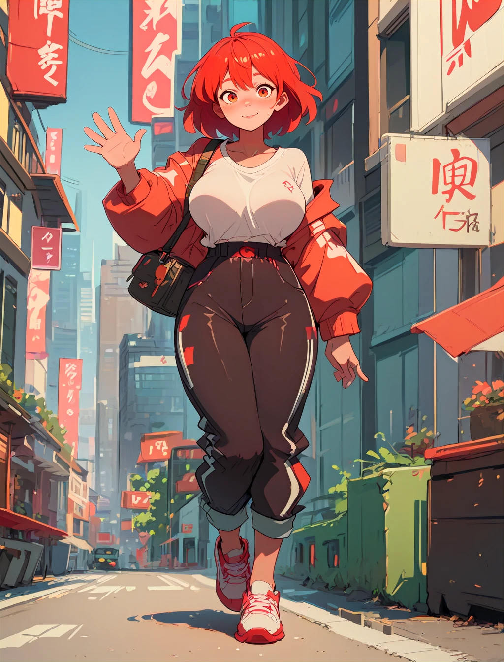 score_9, score_8_up, score_7_up, 1girl, red hair, full body, city backround, waving, large breasts <lora:BanashiPony:1>