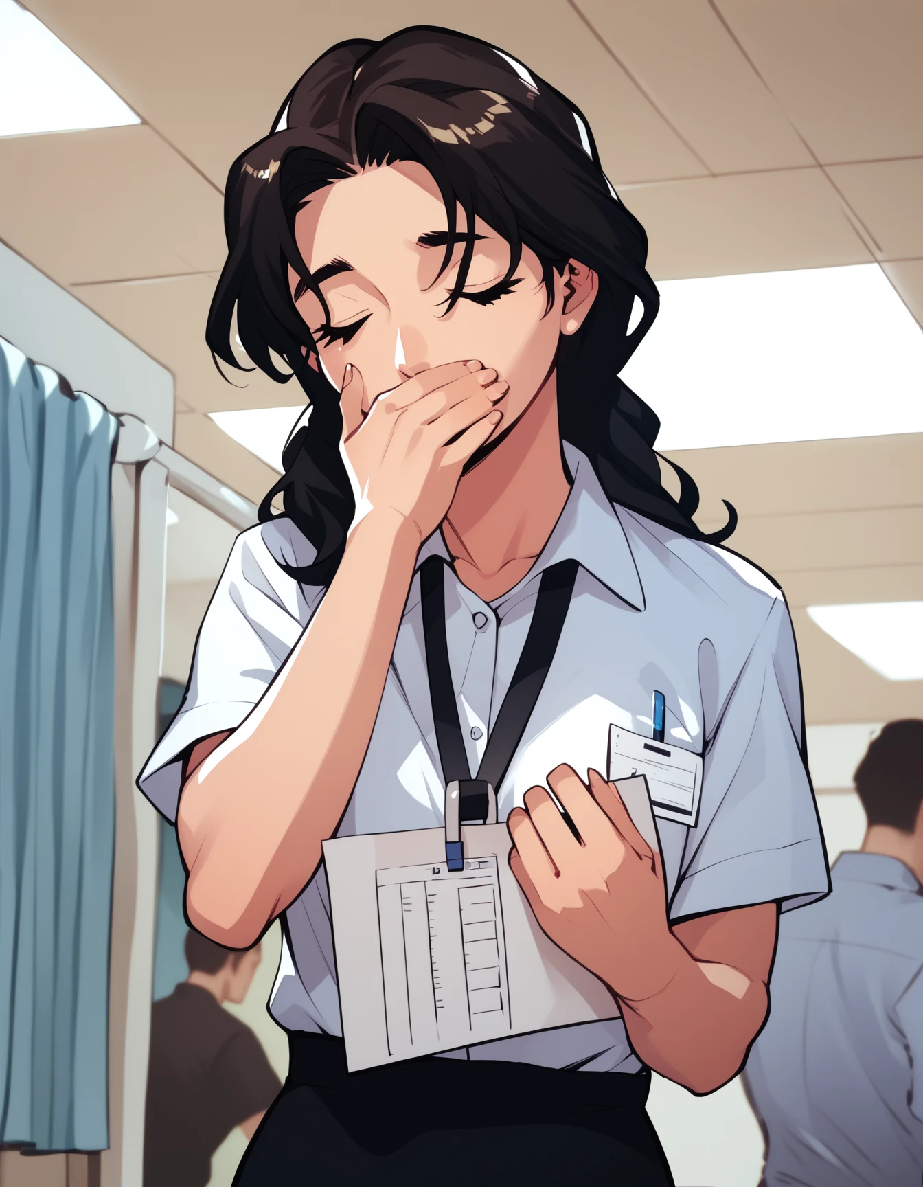score_9, score_8_up, score_7_up, score_6_up, score_5_up, score_4_up
<lora:hyatt-ponyxl-000105:1>
hyatt, office lady,
covering mouth, hand over own mouth, looking down, closed eyes, indoors, hospital