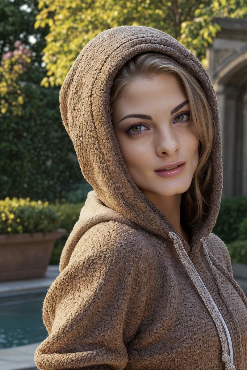 headshot of S361_CayenneKlein,a gorgeous woman,in a (garden:1.1),wearing a (hoodie:1.1),(4k, RAW photo, best quality, 35mm, depth of field, ultra high res:1.1),(absurdres, intricate, photorealistic, cinematic-shot, masterpiece, ultra-detailed:1.1),