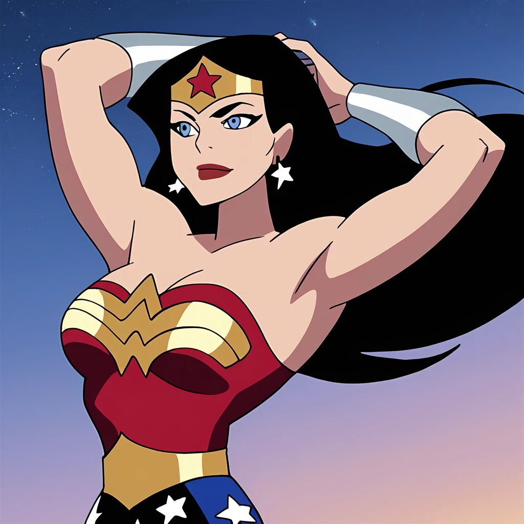 score_9, score_8_up, score_7_up, score_6_up, absurdres, best quality,  source_cartoon, arms up, armpits, <lora:JLWW:1> , wwjl, 1girl, long hair, breasts, smile, blue eyes, black hair, cleavage, bare shoulders, jewelry, strapless, medium breasts, wonder woman, vambraces, earrings, star, symbol, leotard, makeup, tiara, lipstick, star earrings, red leotard, upper body, star print, closed mouth, portrait,
