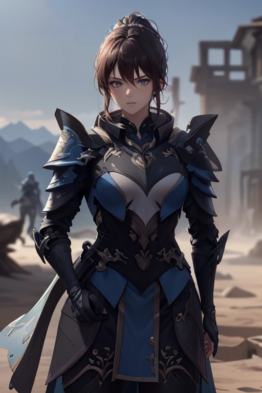 Ninja suit, Blue Samurai Armor, Ninja Girl, Blue lipstick, black hair, short hair, ice shoulder pad, white cape, tundra forest background